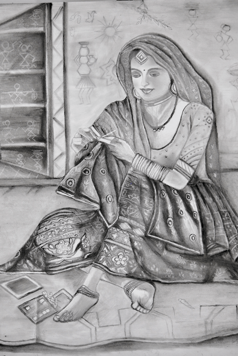 Girl Stitching Cloth Art